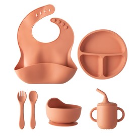 6-Piece Baby Feeding Set, Silicone Baby Mealtime Kit for ​Food-Grade Strong Suction Baby Plate​+Baby Cup+ Bib+Fork+Spoon+Bowl, Toddler Eating Essentials Washable ​Parenting Gift Idea (Brick red)
