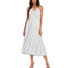DEEP SELF Womens Summer V Neck Midi Dress Halter Neck Sleevelesss Smocked Ruffle Tiered Boho Swing Flowy A-line Beach Sundress White