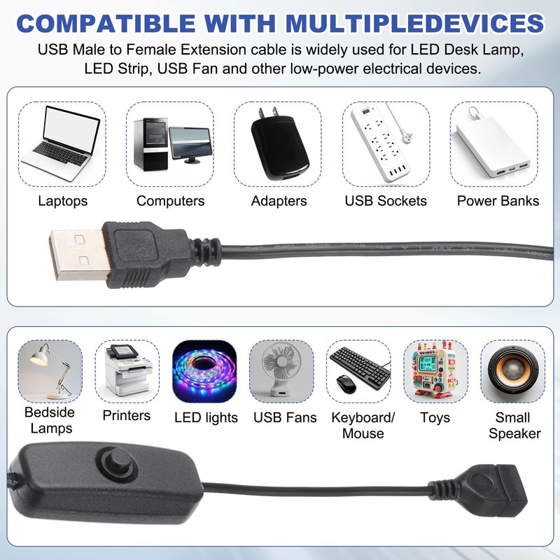MECCANIXITY USB Extension Cable with ON/Off Button Switch 1m USB