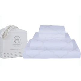 Threadmill 300 Thread Count Tradition Jacquard Damask Collection 100% Cotton Sheets 4 Piece Bed Sheet Set, Luxury Bedding All Around Elastic Fits Mattresses with Deep Pocket Sateen, Queen Size, White