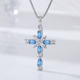 JiaYang Sterling Silver Cross Necklace for Women, March Aquamarine Cubic Zirconia Double Cross Pendant Faith Jesus Christians Jewelry