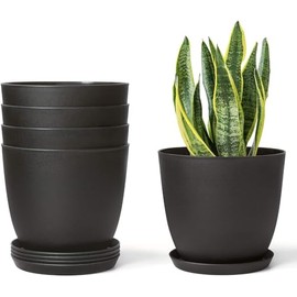 Ukipos Juego de 5 Macetas de plástico para Interiores, Decorativas y Modernas para Jardinería con Orificio de Drenaje y Bandeja para Todas Las Plantas de la Casa, Flores, Hierbas (Negro)