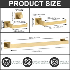 Threehoney 15 Pieces Bathroom Hardware Accessories Set, 23.6 Inch Stainless Steel Bath Towel Bar Set, Bathroom Hardware Set, Towel Racks for Bathroom Wall Mounted(Gold)