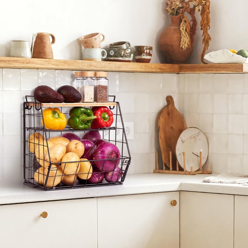 2 Set Fruit Basket for Kitchen with Bamboo Cutting Board,