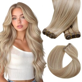 Sunny Hair Sew in Hair Extensions Real Human Hair Blonde Short Weft Hair Extensions Ash Blonde Highlights Bleach Human Hair Weft Extensions Straight Hair for Party 70g 14inch