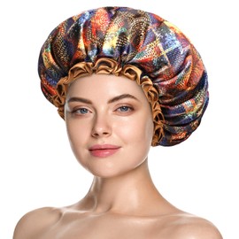 mikimini Large Shower Cap for Women Long Hair 2 Pieces Mysterious Shower Caps with Brown Lace Reusable Waterproof Bath Hat