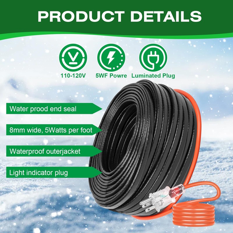 FYSFLYA 50FT Heat Tape for Water Pipes，-40°F Anti-Freeze De-Icing Heating