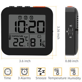 Linoutx Digital Alarm Clock, Battery Operated Desk Clock with 3 Bells, Small and Light Travel Clock with Temperature, Portable Clock with Humidity, Snooze, 12/24H Display for Heavy Sleepers (Black)
