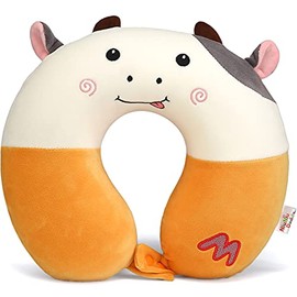 Niuniu Daddy Kids Travel Neck Pillow for Airplane, Car Seat, Road Trip - Neck, Chin Supporting - Stops Head from Flopping Forward - Memory Foam Insert and Cute Cow Print Animal Pillow Cover - Washable