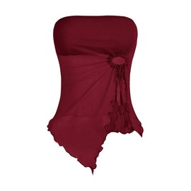 SOLY HUX Women's Mesh Drawstring Split Tube Top Strapless Sleeveless Asymmetrical Hem Summer Tops Solid Burgundy Small