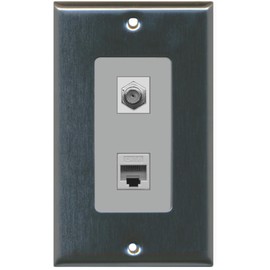 RiteAV - 1 Coax Cable TV F and 1 Cat6 Ethernet Wall Plate Decorative - Stainless Steel/Gray - Bracket Included
