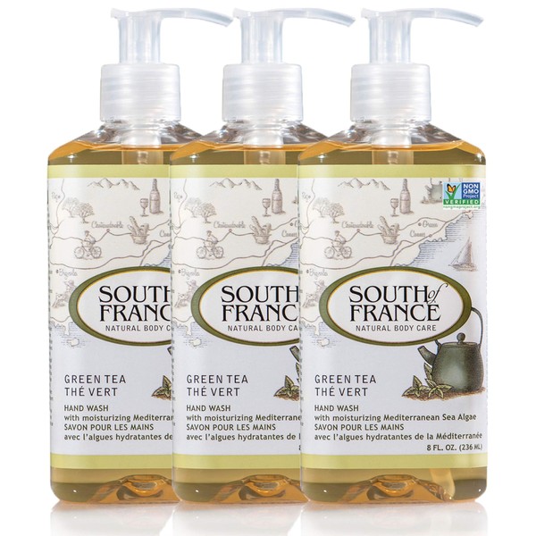 Green Tea Clean Hand Wash by South of France Clean Body Care | Moisturizing Liquid Hand Soap with Mediterranean Sea Algae | 8 oz Pump Bottle – 3 Pack