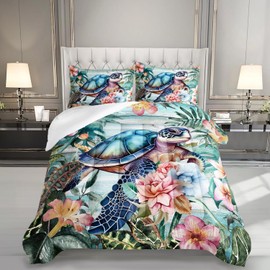 Nttopship Spring Sea Turtle Comforter Set 3 Pcs Bedding Set Queen Size for Girls,Wooden Floral Tropical Plants Printed Quilts Set Lightweight Soft Microfiber Warm All Season with 2 Pillowcases