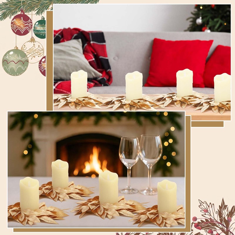 4 Pcs Christmas Artificial Gold Bay Leaf Candle Rings Gold