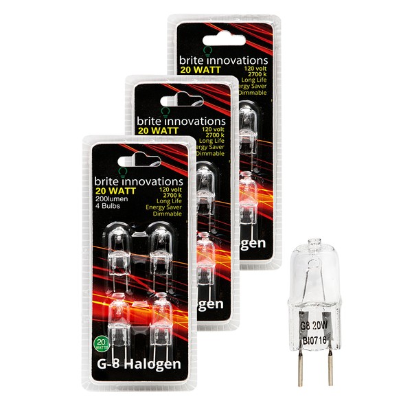 Brite Innovations G8 Halogen Bulb, 20 Watt (12 Pack) Dimmable Soft White 2700K -120V-Bi Pin -Q20, CL, T4 JCD Type, Clear Light Bulb