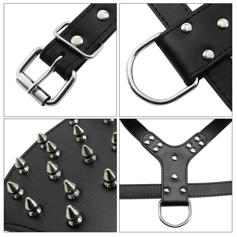 Serijoars Leather Spiked Dog Harness and Collar Set - Suitable