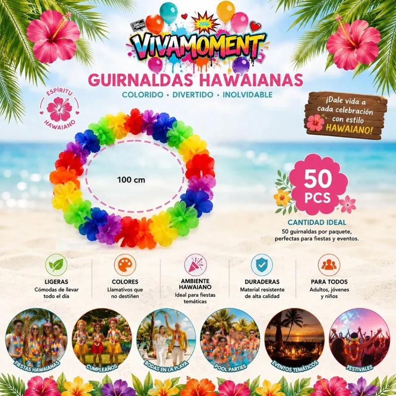 50 Collares Hawaianos Tela Cotillones Para Boda Neon Fiesta