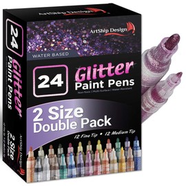 ArtShip Design 24 Glitter Paint Pens, Double Pack of Both Extra Fine and Medium Tip Paint Markers, for Rock Painting, Mug, Ceramic, Glass, and Fabric Painting, Water Based Non-Toxic and No Odor