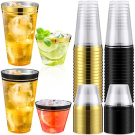 Potchen 60 Pcs Disposable Party Cup Set of 9 oz Rimmed Plastic Cups and 16 oz Disposable Clear Cups Wedding Cups Cocktail Glasses for Birthday Gathering Christmas(Black, Gold)