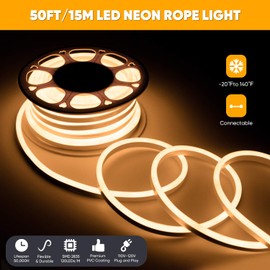 Shine Decor 50FT/15M LED Neon Rope Lights, 3000K Warm White AC 110V-120V Neon Strip Lights, 8x16mm Cuttable Waterproof SMD2835 120LEDs/M Indoor Outdoor Light Strips, DIY Ambiance Lighting Decoration