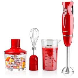OVENTE Immersion Electric Hand Blender 300 Watt Power 2 Mix Speed with Stainless Steel Blades, Handheld Stick Mixer Set with Egg Whisk Attachment Mixing Beaker and BPA-Free Food Chopper, Red HS565R