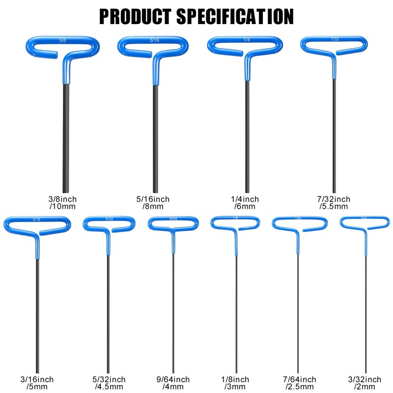 10 Pieces T-handle Hex Key Set 9 Inch Long Hex
