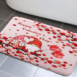 Valentine's Bathroom Rugs, Red Heart Gnome Door Mats Washable Home Mat Cute Non Slip Bathroom Rug Kitchen Front Door Indoor Doormat Bath Rugs Floor Rug Absorbent Carpets Floor Mat Home Decor(17X29)
