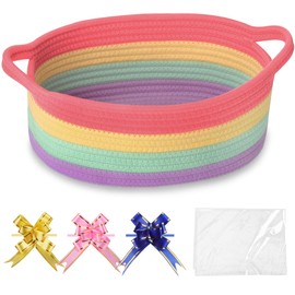 COMSE Small Woven Basket with Gift Bags and Ribbons, Gift Basket Empty, Basket for Gifts, Baby Toy Basket, Nursery Basket, Cotton Rope Basket for Storage, 30.5 x 20 x 13 CM, Rainbow