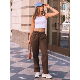 AUTOMET Women's Wide Leg Sweatpants Fleece Lined Baggy Straight Leg Lounge Pants Fall Outfits Athletic Joggers with Pockets Brown M