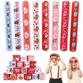 CCINEE 48PCS Valentine's Day Slap Bracelets, Assorted Heart Animal Printed Slap Wristbands Valentine Cartoon Snap Bands for Kids School Classroom Exchange Gifts Party Favor