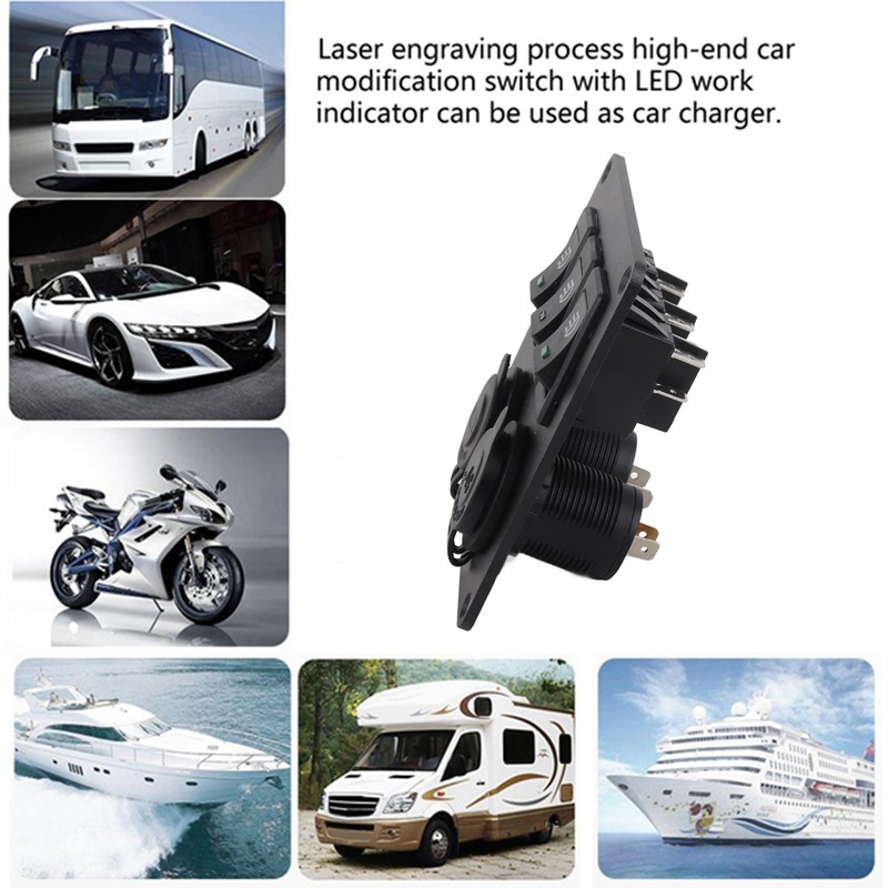 Car Marine 3+2combination LED Single Rocker Green Light Switch+Car Charger