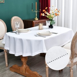 NEWISHER Farmhouse Oval Hemstitch Border Tablecloth Neutral Faux Linen Table Cloth Rustic Solid White Table Cover for Dining Kitchen Party Holiday Home 52x70 Inch