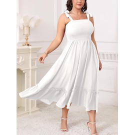 SHESTARR Women's Plus Size Summer Maxi Dress Casual Boho Sleeveless Spaghetti Strap Smocked Tiered Long Beach Sun Dresses White