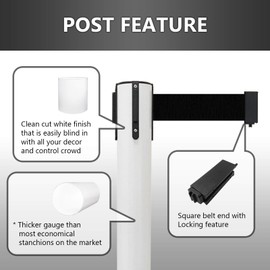 VIP Crowd Control Retractable Belt Stanchion Queue Safety Barrier Set, 36" Ht, 78" Belt (2 WHT Posts White Belt)