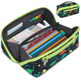 BrainyBees Large Pencil Case for Boys, Durable Pencil Pouch for School, Wide Opening Soft Bag with Handle, Fits 50 Pens & Markers (Black Dinosaur)