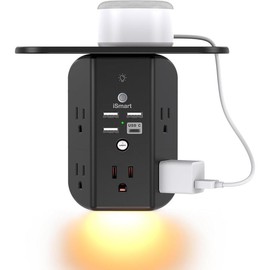 Wall Outlet Extender with Shelf and Night Light,Surge Protector,USB Wall Charger with 5 USB Outlets and 3 USB Ports 1 USB C Outlet - Colour: White, Size: 2C2A