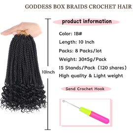 10 Inch Goddess Box Braids Crochet Hair with Curly Ends 8 Packs Pre-looped 3X Goddess Braids Hair Extensions Synthetic Boho Box Braiding Hair for Women (15Strands/pack 1B#)