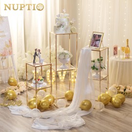 NUPTIO Gold Flower Stand for Centerpieces: 3 Pcs 23.6", 31.5" & 39.4" 2-Layer Tall Stand Pedestal Table with Acrylic Panel Metal Floor Vases Cylinder Stands for Wedding Centerpiece Party Decoration