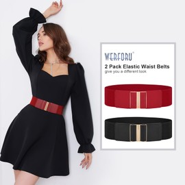 WERFORU 2 Pack Women's Elastic Waist Belts Wide Cinch Waistband Elegant Vintage Stretchy Wide Belt for Dresses Black/Red