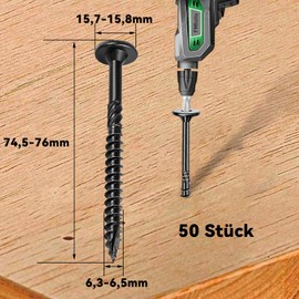 Dayalo Pack of 50 Wood Screws Torx 6.3 x 73 mm, Wood Screws Black, Flat Head Screws TX, Flat Head Screws Wood, Roof Construction Screws with Screwdriver Bit