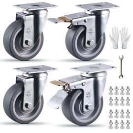 4 Inch Castets Set of 4 Heavy Duty Caster Wheels with Brake 2200Lbs Swivel Rigid TPR Rubber Wheel Silent Castor Locking Industrial Plate Casters Wheels for Cart Furniture Workbench, 2 Fixed & 2 Brake