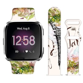 WLPFSAHF Watch Bands Compatible with Versa 2/Versa, Soft Silicone Cute Fadeless Sport Strap Replacement for Women Men, Eiffel Tower Paris Floral
