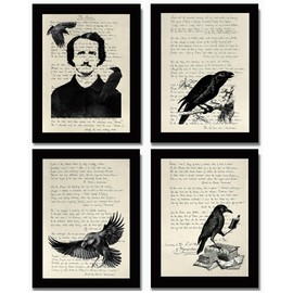 Edgar Allan Poe Collection of 4 UNFRAMED (8x10 inch) Gothic Home Decor Wall Art Prints - Edgar Allen Poe Decor Quote The Raven NEVERMORE Poems Gifts - Dark Academia Victorian Oddities Goth Emo