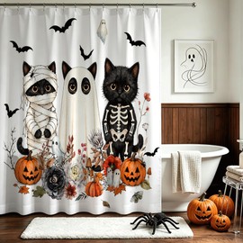 Lindameler Funny Halloween Shower Curtain Spooky Ghost Black Cat Shower Curtain for Halloween Bathroom Deocr Evil Pumpkin Bat Horrific Floral Ghost Decor Waterproof Bath Curtain 72 X 72 Inch