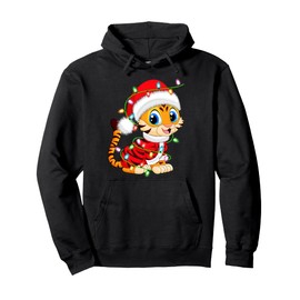 Tiger Christmas Lights Santa Costume Cute Animal Xmas Pullover Hoodie