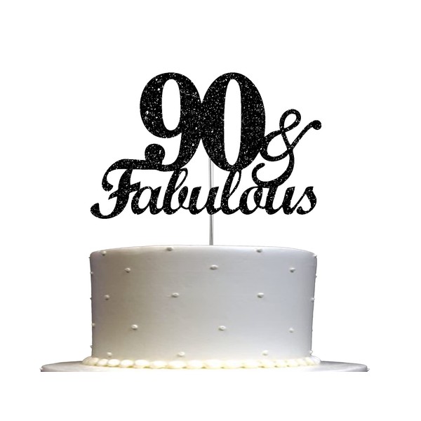 Fabulous & 90 decoraciones para tartas con purpurina negra, ideas de decoración para fiesta de 90 cumpleaños, decoración de alta calidad, brillo resistente de doble cara, palo acrílico. Fabricado en Estados Unidos