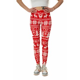 Cosplaya Reindeer Red White Christmas Leggings for Women - Red Xmas Tights Pants Holiday Santa Pajama Plus Size, S