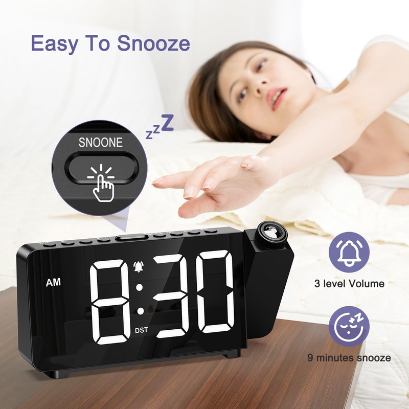 OQIMAX Projection Alarm Clock, Digital Projector Clock with 180° Projector,