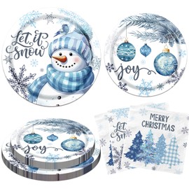 TEMYAXU Blue and White Christmas Decorations, 60Pcs Snowman Plates and Let It Snow Napkins Winter Plates and Napkins for Blue Christmas Decorations, Blue Christmas Plates for Winter Party Decorations
