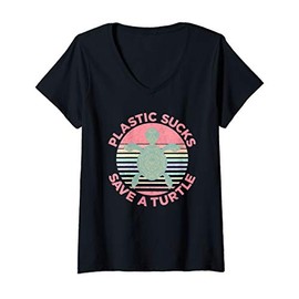 Womens Plastic Sucks Save A Turtle V-Neck T-Shirt